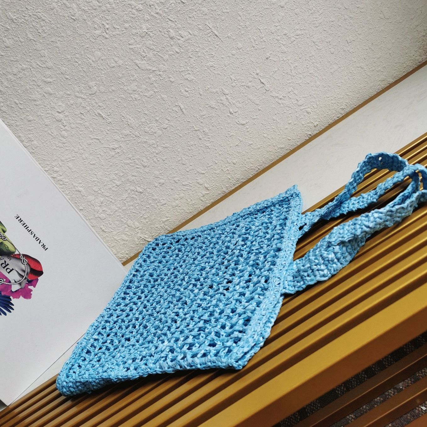 Prada Small Tote Bag Knockoff in Blue Woven Raffia angle 5