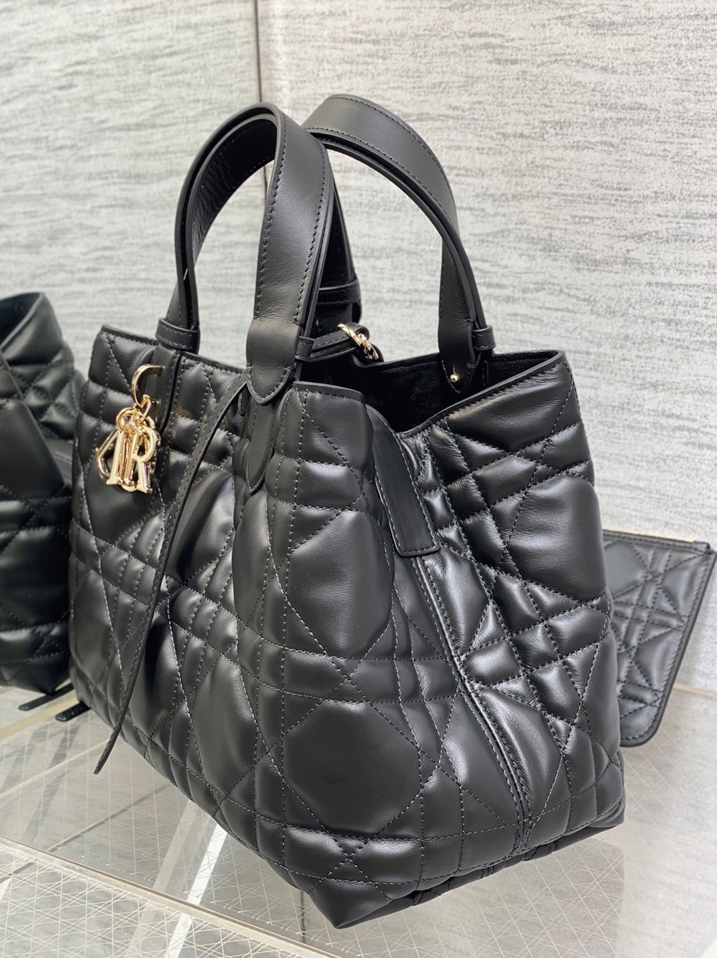 Dior Toujours Medium Bag Replica in Black Macrocannage Calfskin angle 3