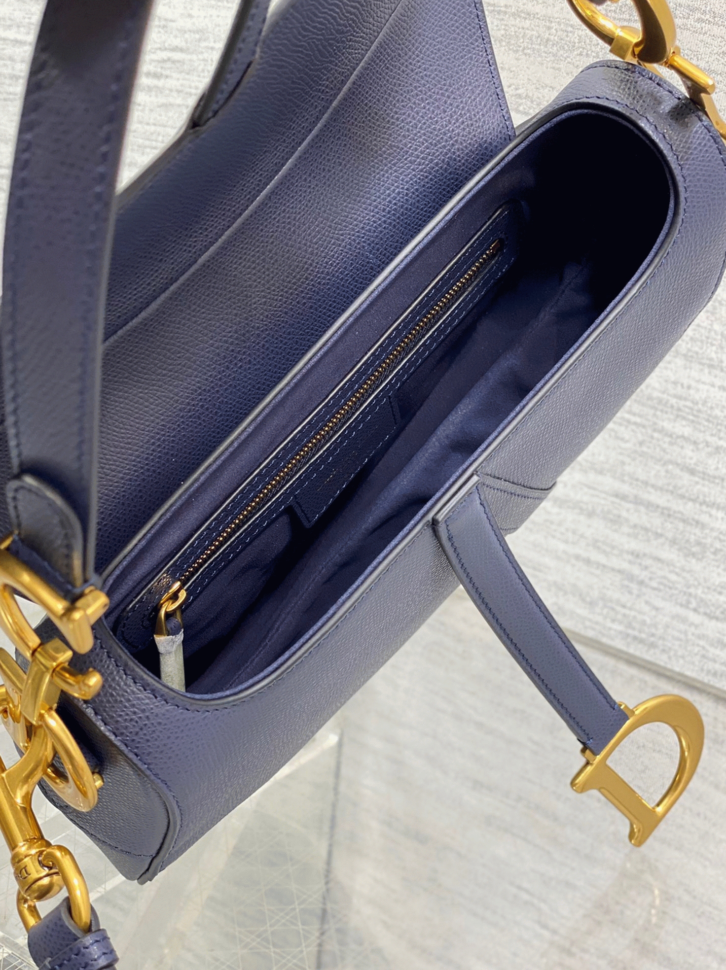 Dior Saddle Bag with Strap Replica in Indigo Blue Grained Calfskin angle 4