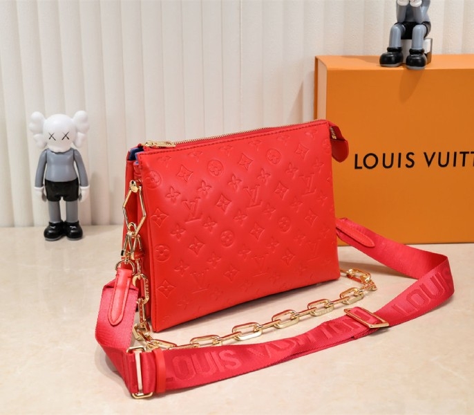 Louis Vuitton Coussin PM Bag In Neon Red With Jacquard Strap angle 3