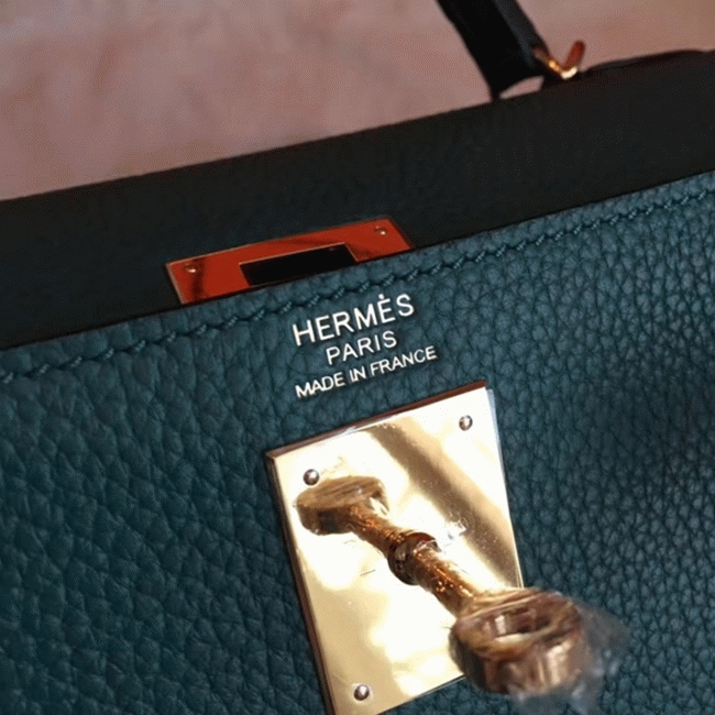 Malachite Clemence Knockoff Hermes Kelly Retourne 32cm Stylish Bag angle 3