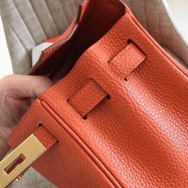 Orange Clemence Fake Hermes Kelly Retourne 28cm Signature Purse angle 5