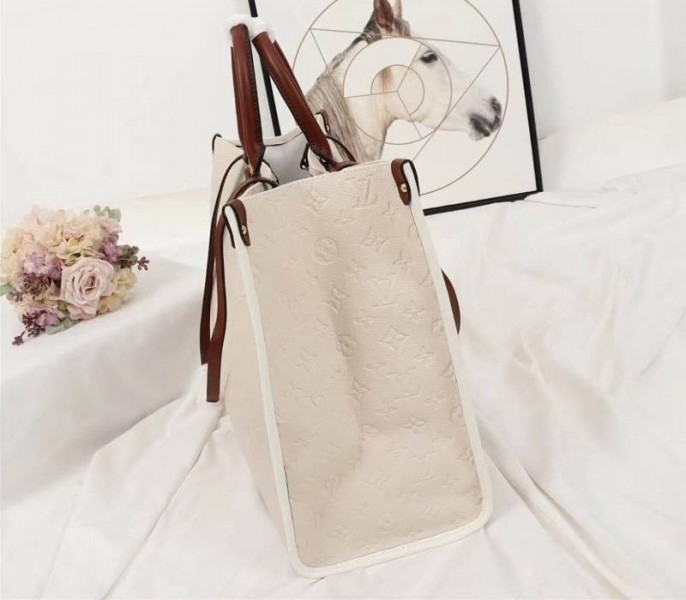Louis Vuitton Monogram Empreinte Giant Onthego GM Tote In Cream – Brown angle 3