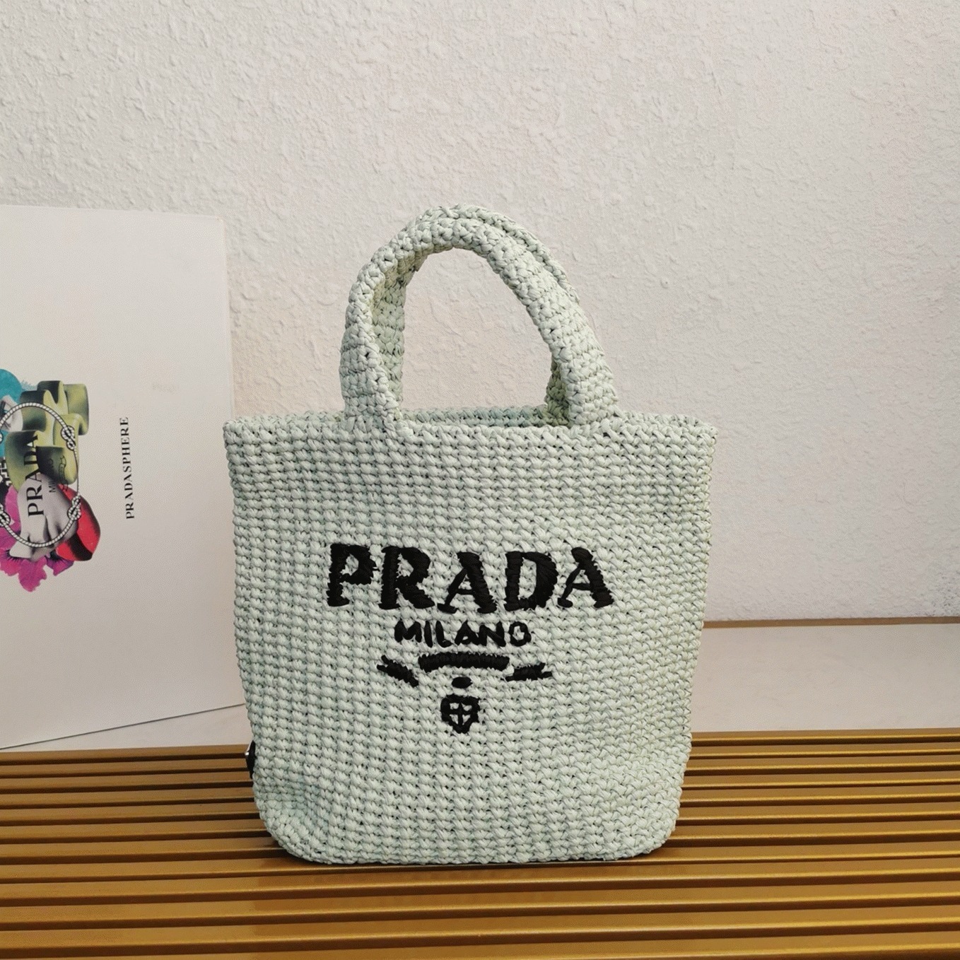 Prada Small Crochet Tote Bag Replica in Aqua Raffia-effect Yarn angle 4