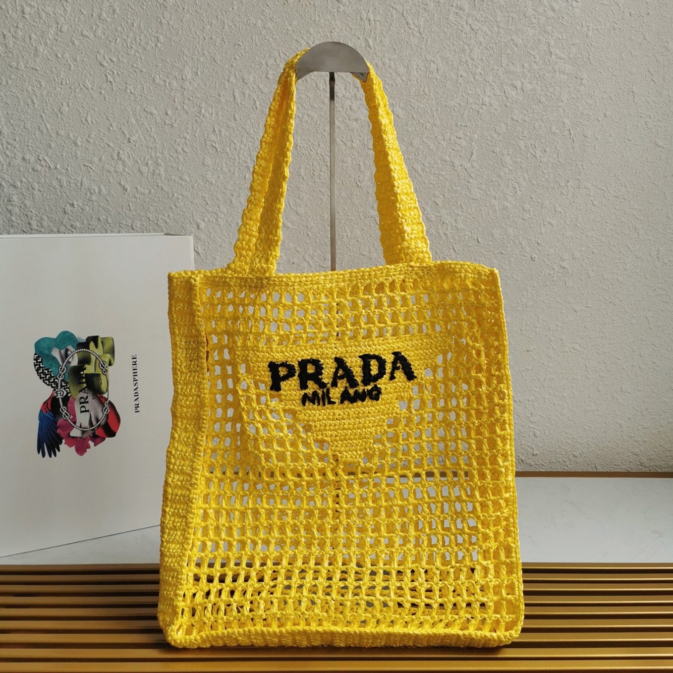 Prada Small Tote Bag Replica in Yellow Woven Raffia angle 5