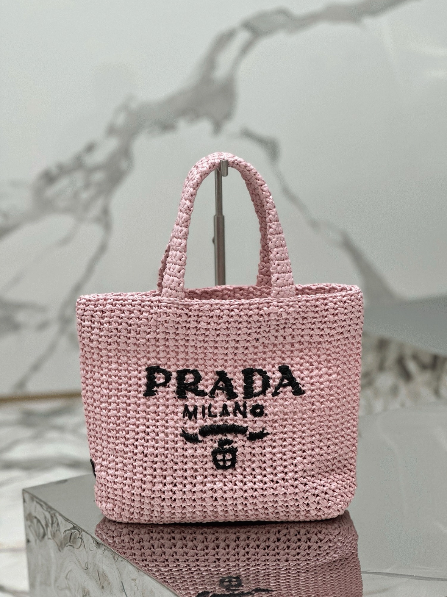 Prada Small Crochet Tote Bag Replica in Pink Raffia-effect Yarn angle 2