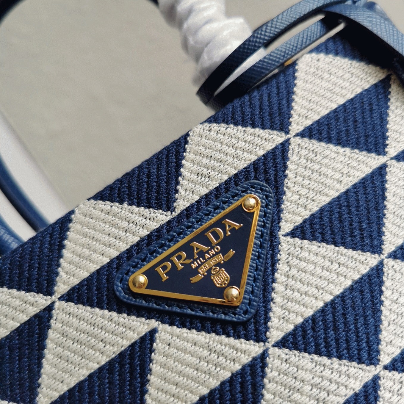 Prada Symbole Micro Bag Replica in White/Blue Jacquard Fabric angle 3