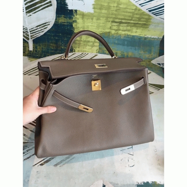 Taupe Clemence Knockoff Hermes Kelly 35cm Soft Leather Tote angle 2