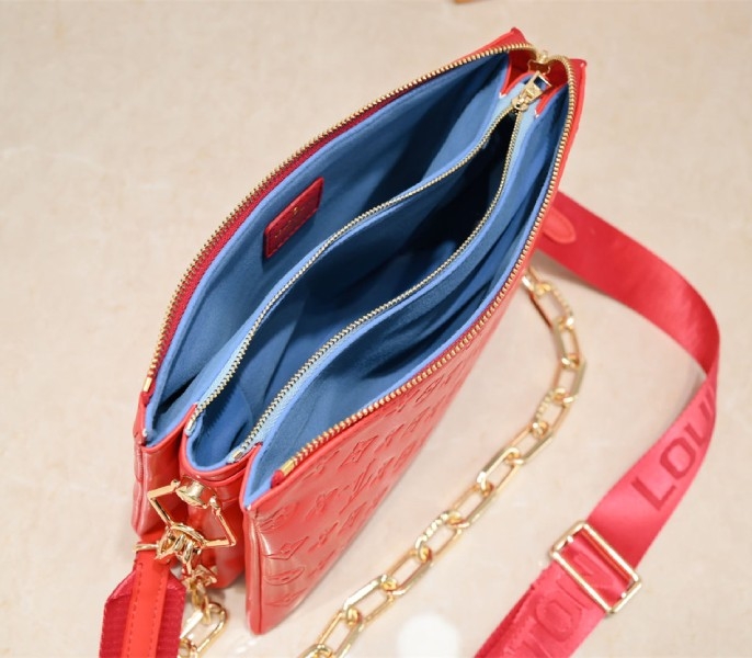Louis Vuitton Coussin PM Bag In Neon Red With Jacquard Strap angle 5