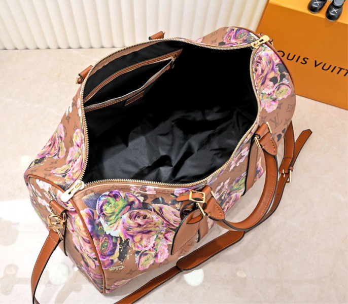 Louis Vuitton Keepall Bandouliere 50 Travel Bag In Brown With Floral Pattern angle 5