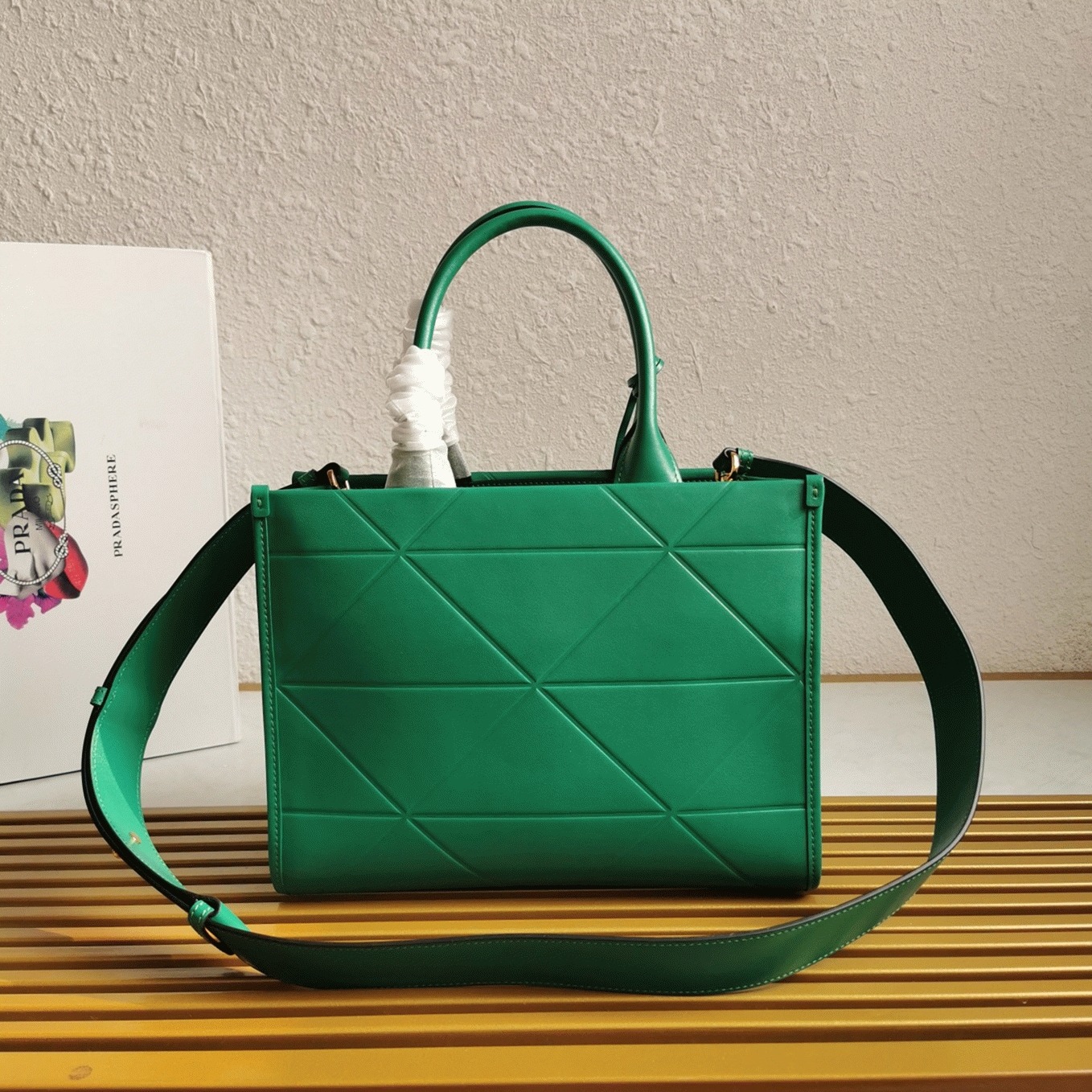 Prada Symbole Small Bag Knockoff with Topstitching in Green angle 4
