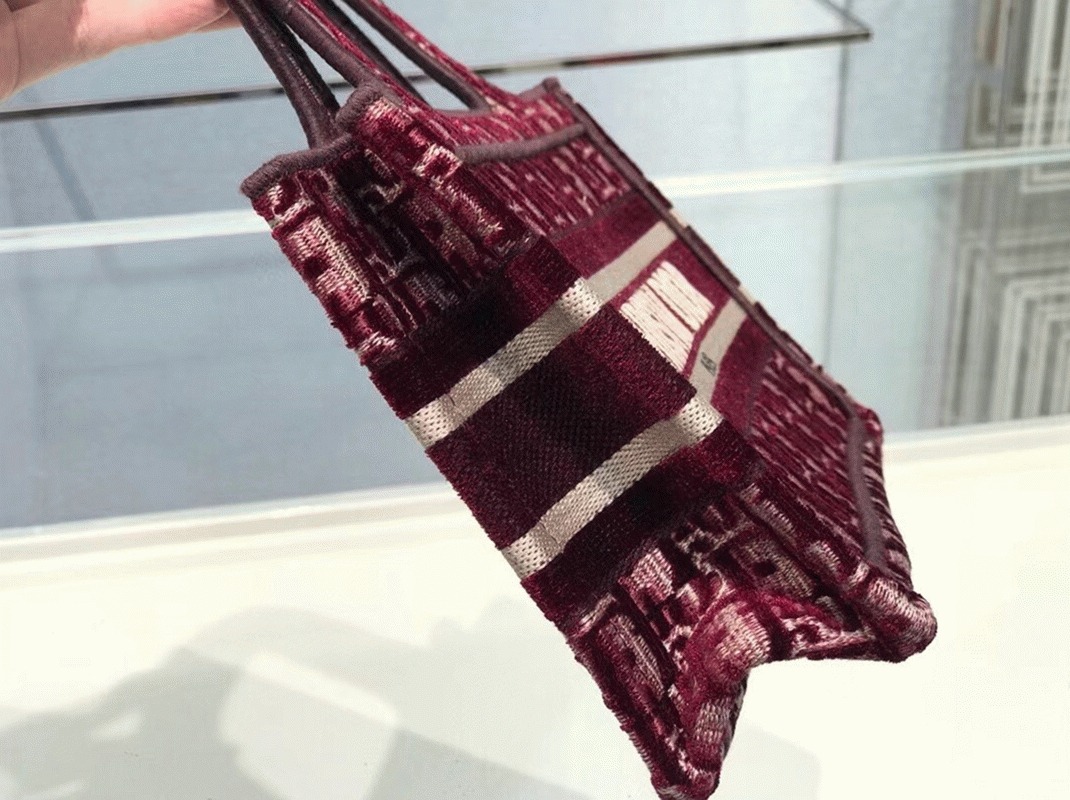 Dior Mini Book Tote Bag Replica in Bordeaux Velvet Oblique Embroidered angle 3