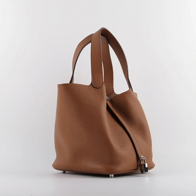 Brown faux luxury Hermes Picotin Lock handbag angle 4