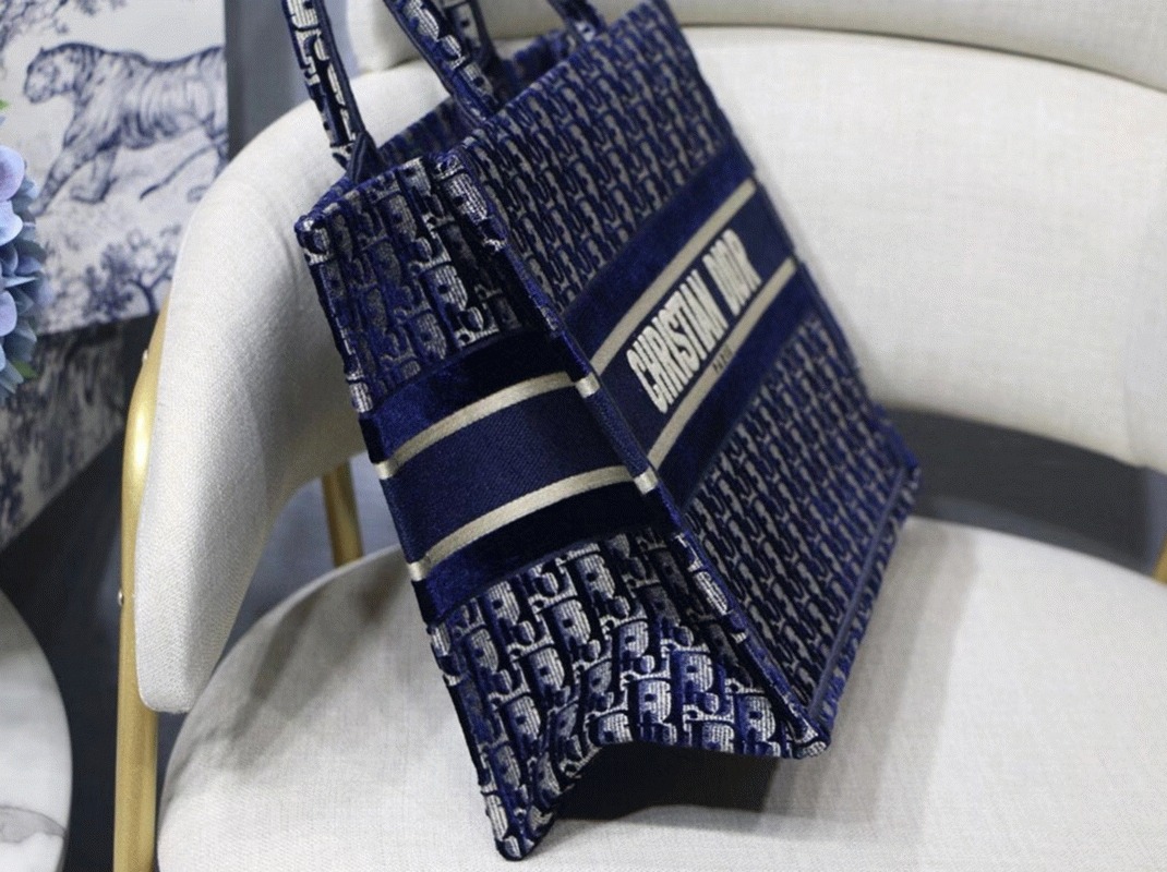 Dior Medium Book Tote Bag Knockoff in Blue Velvet Oblique Embroidered angle 4