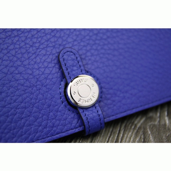 Electric blue designer replica Hermes Dogon combine wallet angle 2