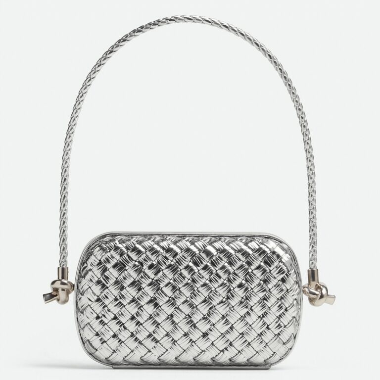 Fake Bottega Veneta Knot Minaudiere On Strap Silver Intreccio Laminated Leather