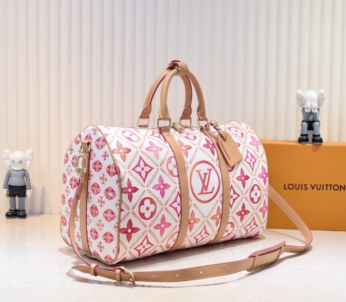 LV By The Pool Monogram Tiles Canvas Keepall 45 In Coral angle 2