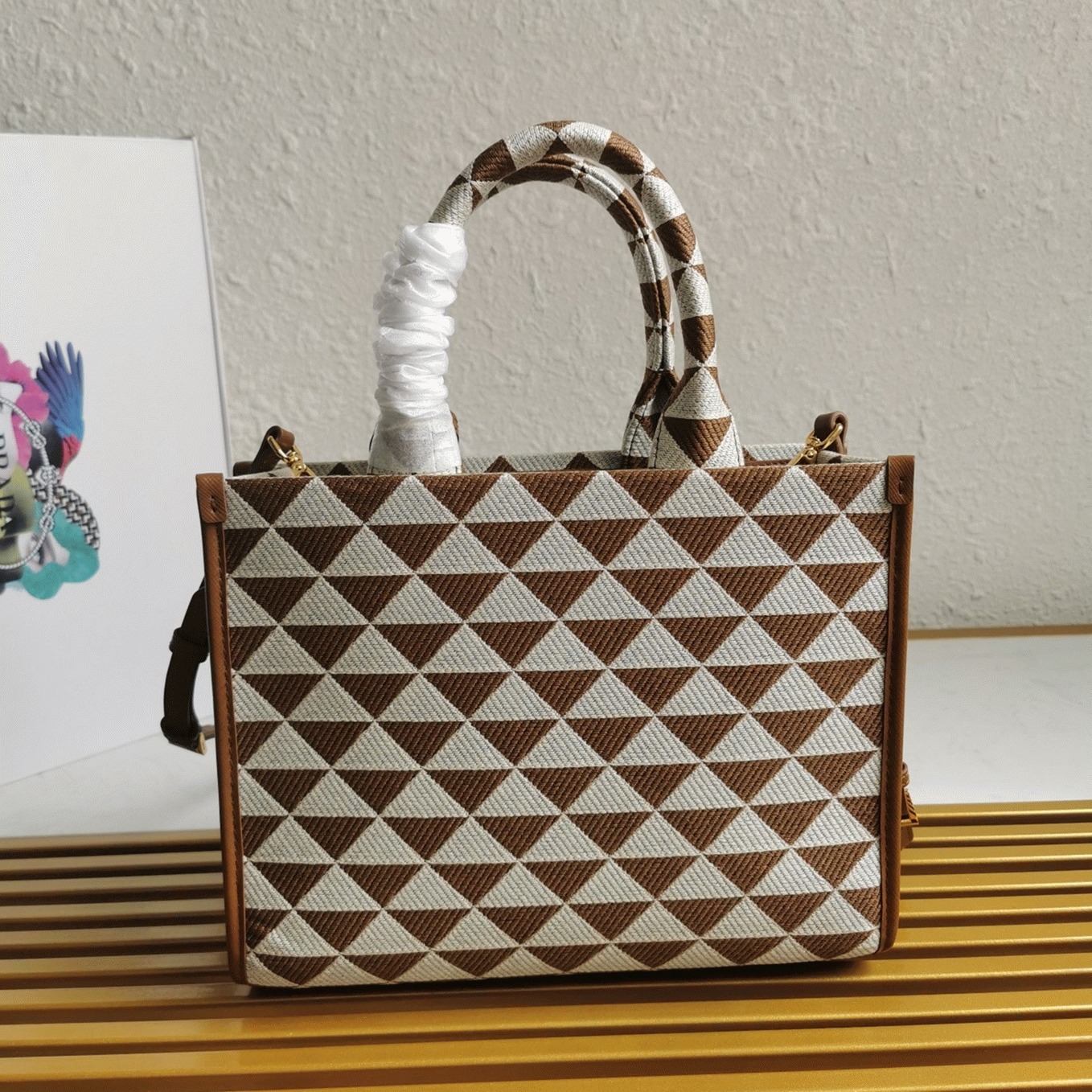 Prada Symbole Small Bag Knockoff in White/Brown Jacquard Fabric angle 4