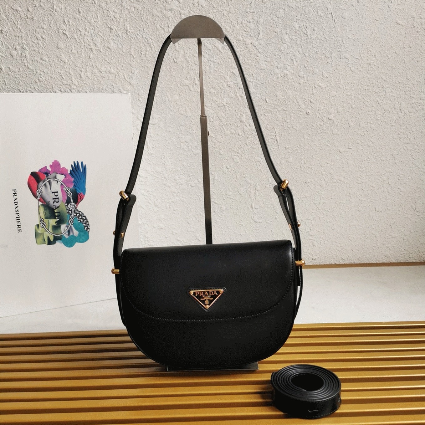 Prada Arque Shoulder Bag with Flap Replica in Black angle 5
