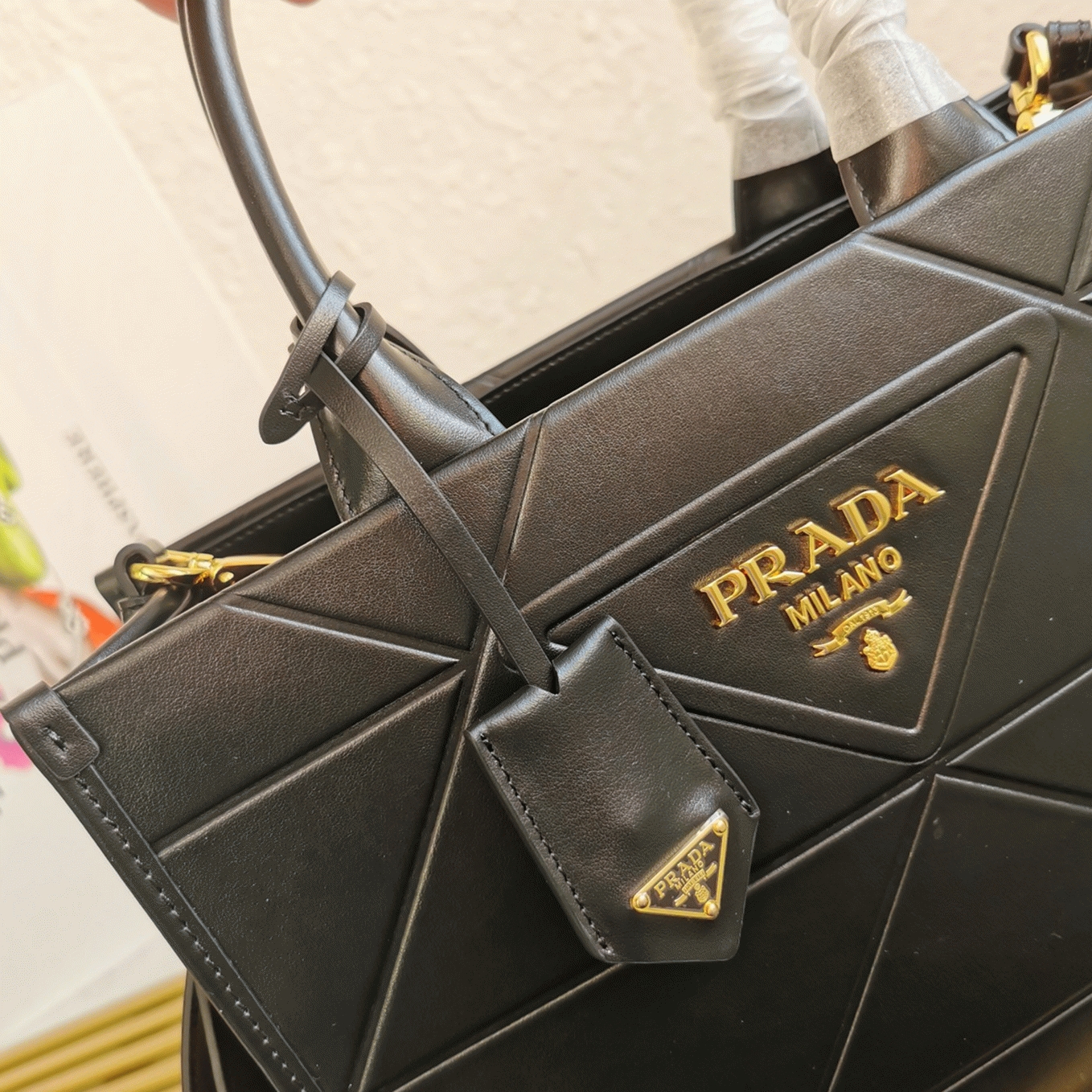 Prada Symbole Small Bag Fake with Topstitching in Black angle 3
