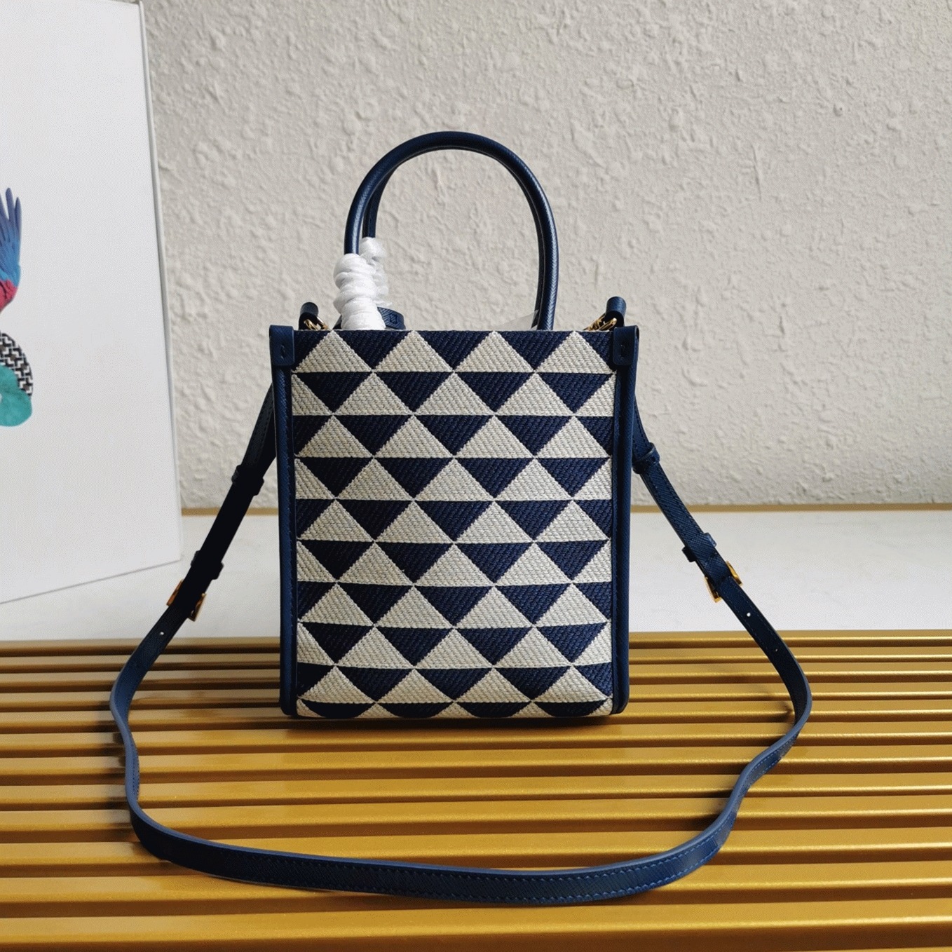 Prada Symbole Micro Bag Replica in White/Blue Jacquard Fabric angle 4