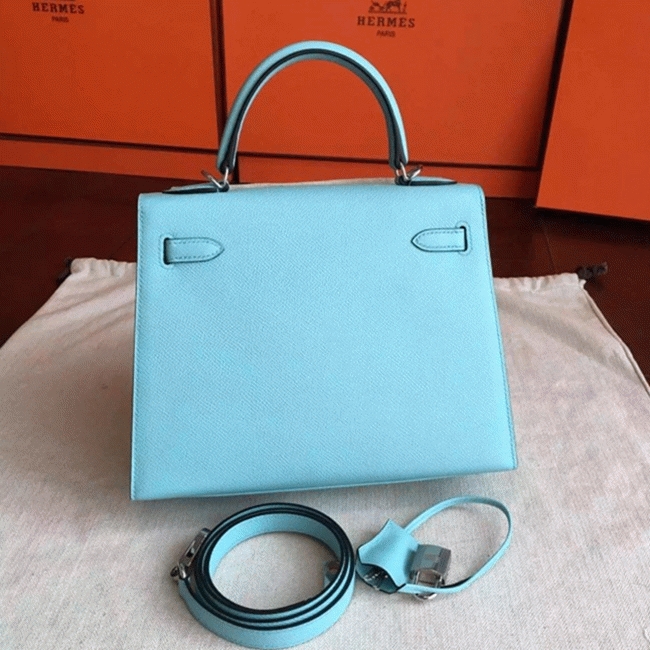 Blue Atoll Epsom Fake Hermes Kelly 25cm Sellier Elegant Handbag angle 3