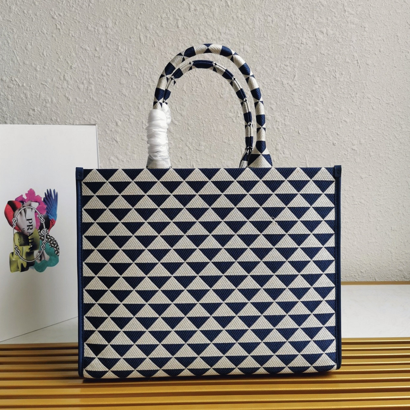 Prada Symbole Large Bag Fake in White/Blue Jacquard Fabric angle 3