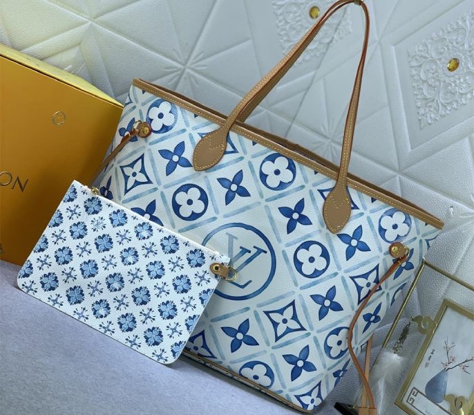Louis Vuitton LV By The Pool Monogram Tiles Canvas Neverfull MM Tote In Lagoon Blue angle 2