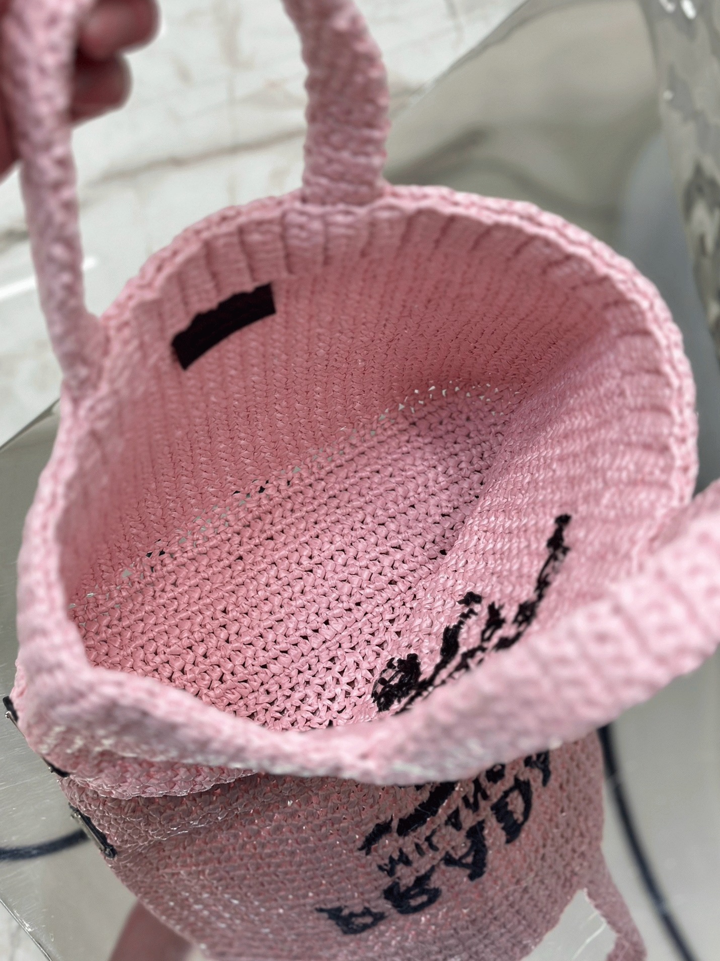 Prada Small Crochet Tote Bag Replica in Pink Raffia-effect Yarn angle 3