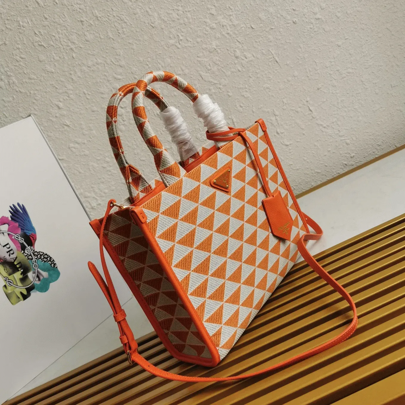 Prada Symbole Small Bag Fake in Orange/White Jacquard Fabric angle 4