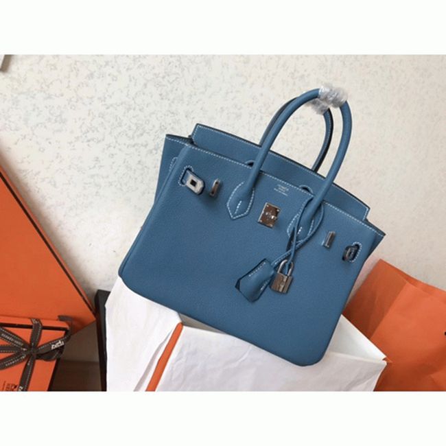 Luxury Hermes Birkin 25cm Counterfeit in Blue Jean Color angle 3