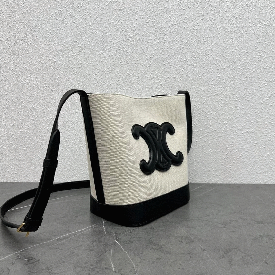 Top Quality Fake Celine Small Bucket Cuir Triomphe In White Textile angle 3