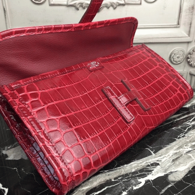 Top luxury dark red crocodile leather replica Hermes Jige Elan clutch bag angle 2