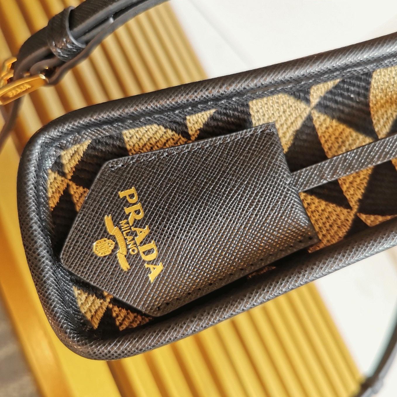 Prada Symbole Micro Bag Fake in Black/Beige Jacquard Fabric angle 2