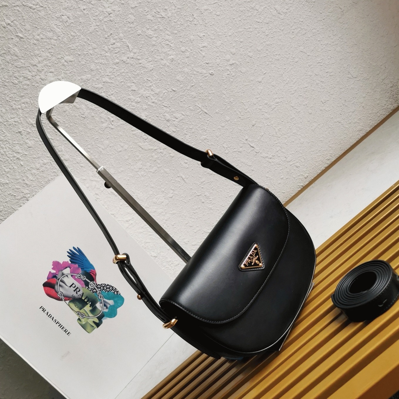 Prada Arque Shoulder Bag with Flap Replica in Black angle 4