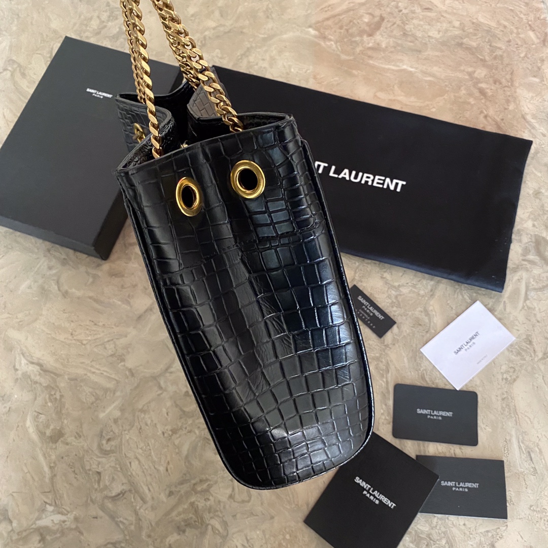 YSL Saint Laurent classic reproduction crocodile pattern shopping bag with detachable chain, bronze metal chain angle 4