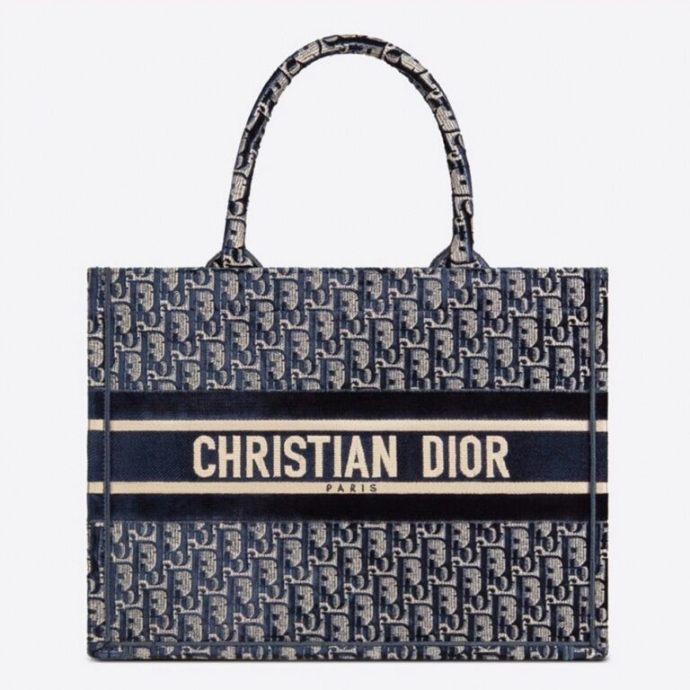 Dior Medium Book Tote Bag Knockoff in Blue Velvet Oblique Embroidered