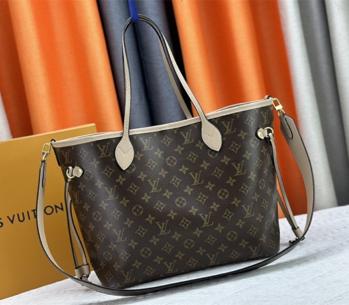 Louis Vuitton Neverfull Bandouliere Inside Out MM Tote In Monogram Canvas And Beige Textile And Leather angle 4