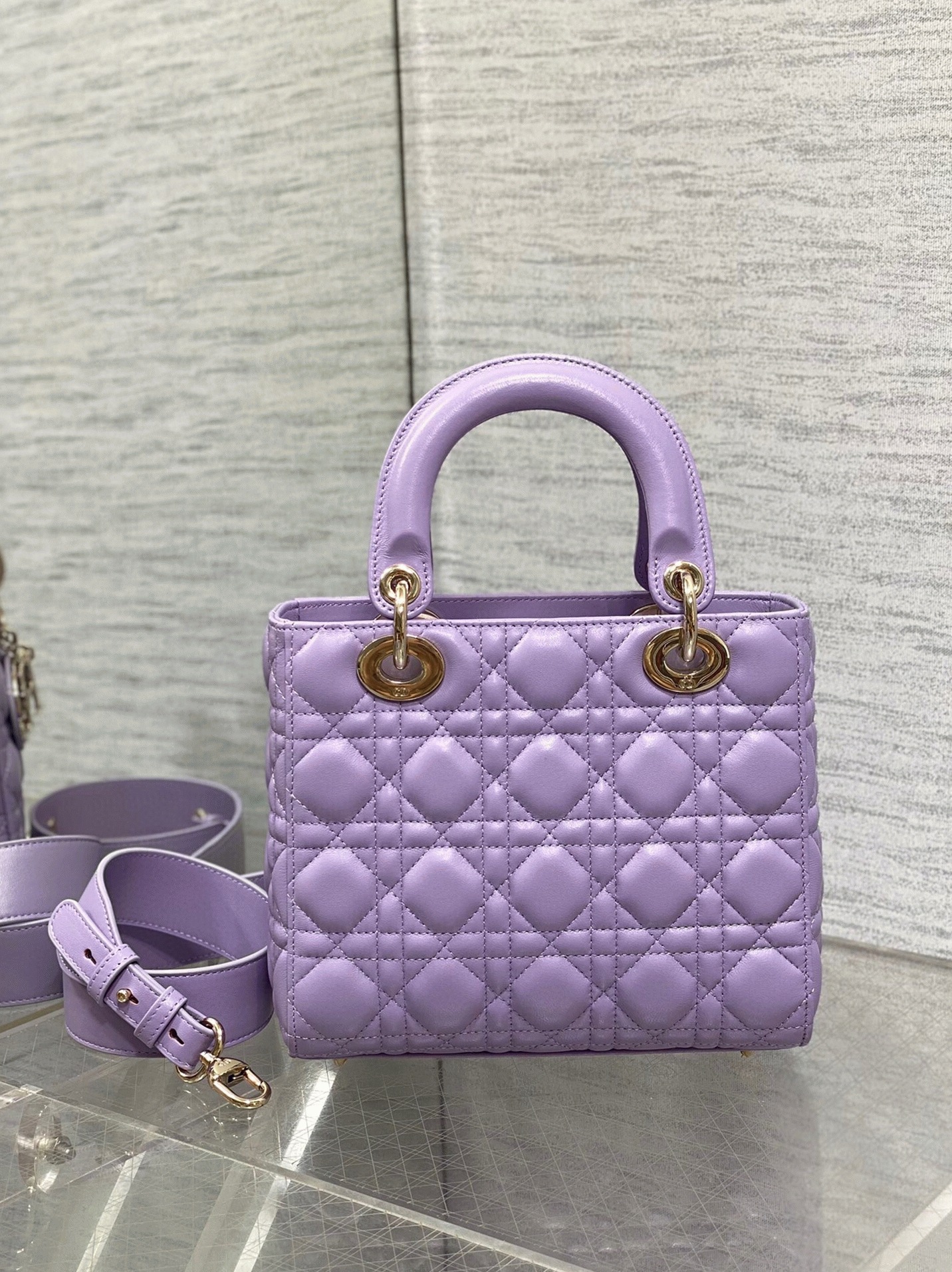 Dior Small Lady Dior Bag Fake in Lilas Lambskin with Resin Charms angle 3
