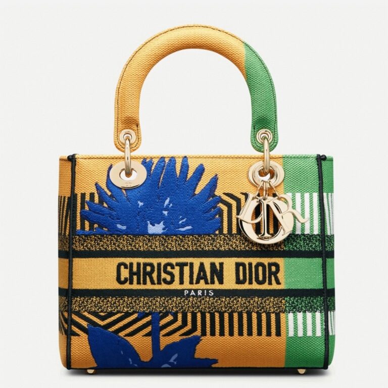 Dior Lady D-Lite Medium Bag Fake in Yellow Green D-Flower Pop Embroidery