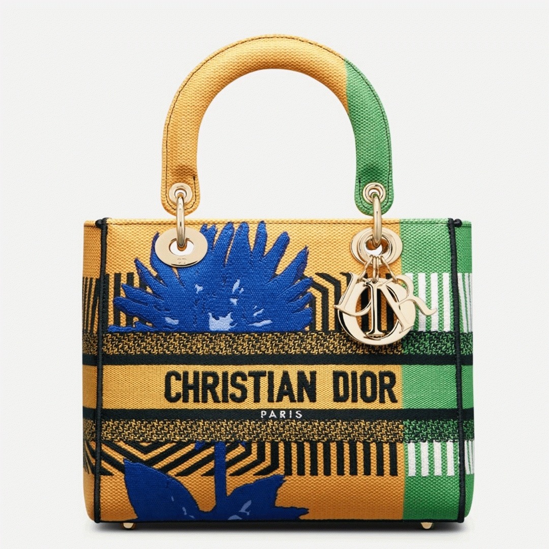 Dior Lady D-Lite Medium Bag Fake in Yellow Green D-Flower Pop Embroidery
