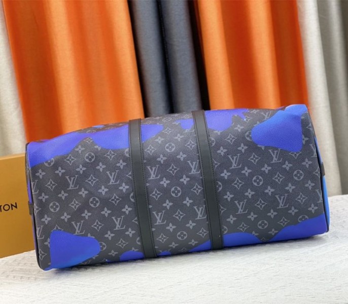 Louis Vuitton Monogram Eclipse Keepall 55 Bandouliere Travel Bag In Blue Sunrise angle 3