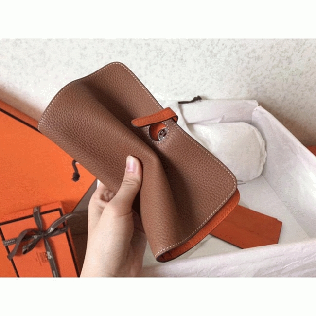 Brown orange replica Hermes Dogon duo wallet angle 4