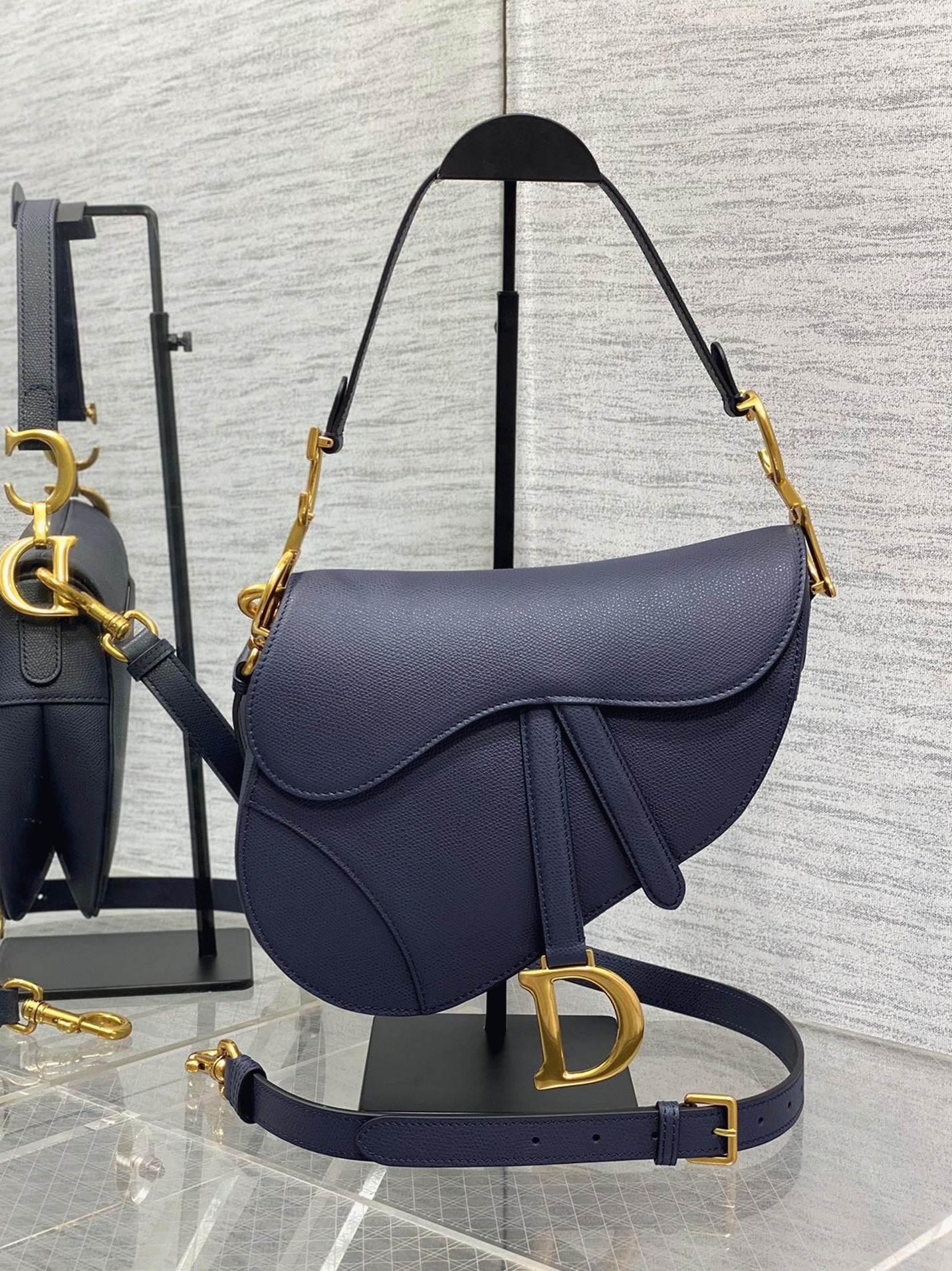Dior Saddle Bag with Strap Replica in Indigo Blue Grained Calfskin angle 2