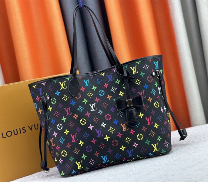 Louis Vuitton X TM Multicolored Neverfull MM In Black angle 2