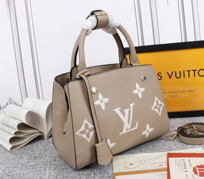 Louis Vuitton Monogram Empreinte Montaigne BB In Tourterelle Gray angle 2