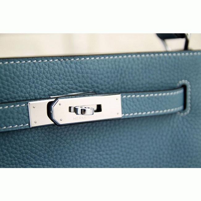 Jean Blue Leather Fake Hermes So Kelly 22cm Casual Handbag angle 4