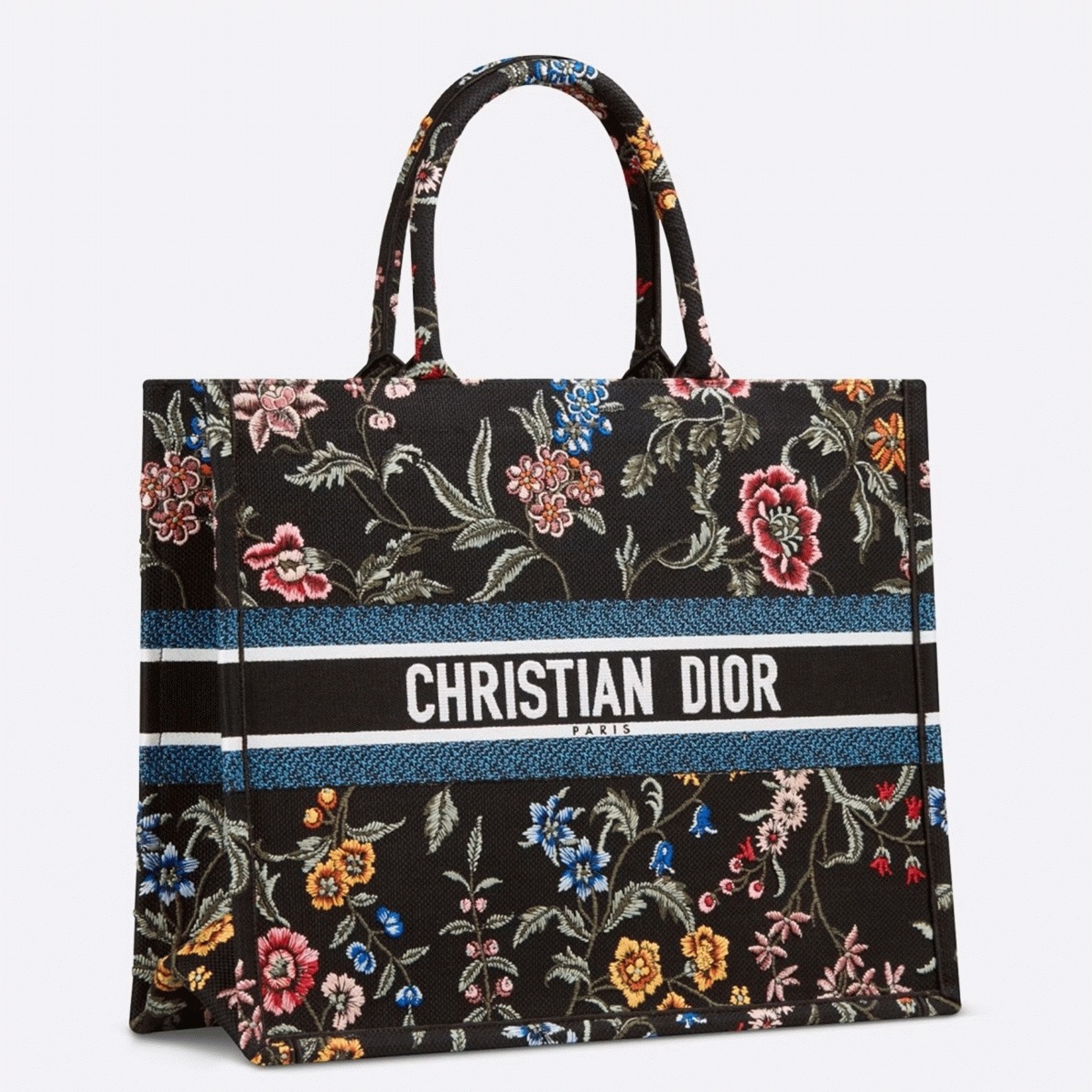 Dior Large Book Tote Bag Fake in Black Dior Petites Fleurs Embroidery