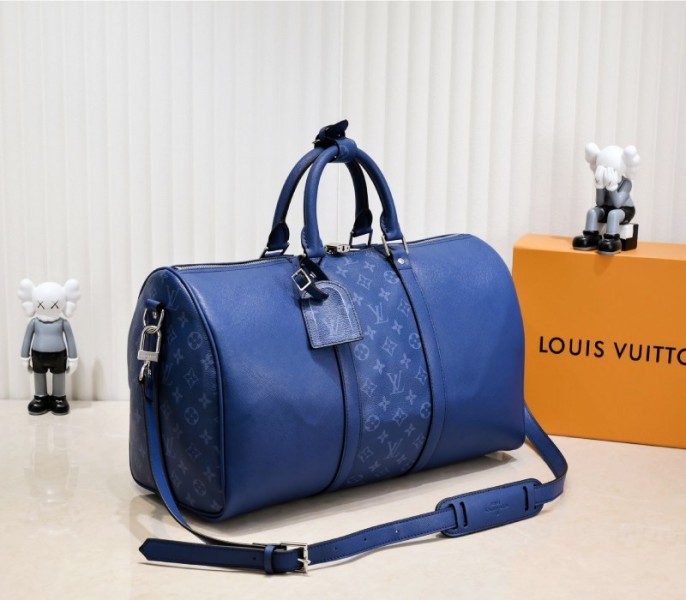 Louis Vuitton Taiga Leather Keepall Bandouliere 50 Travel Bag In Navy Blue angle 2