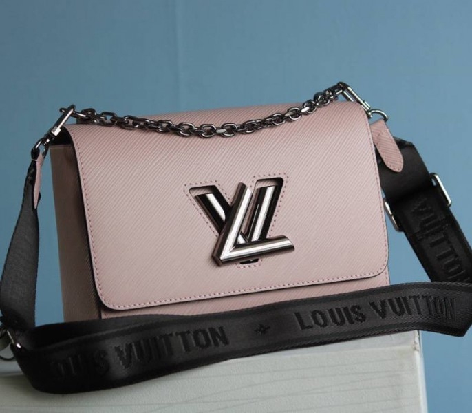 Louis Vuitton Epi Leather Twist MM Bag In Rose Ballerine Pink With Jacquard Strap angle 2